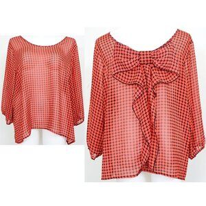 Bongo Plus 3X Red Black Dots Back Bow Sheer Blouse Office Travel Artsy Top